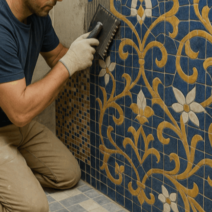 Bathroom floor tiling installation with porcelain tiles during NYC remodel