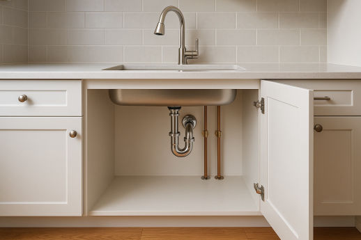 Under-sink plumbing upgrade with new pipes and fixtures in NYC renovation